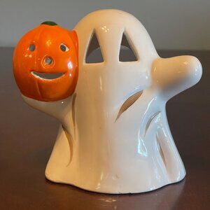 Ghost Tealight Candle Holder With Orange Jack-O-Lantern Accent Halloween Decor